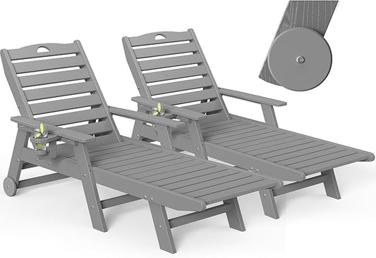 nalone Chaise Lounge Set of 2 Outdoor with 5-Position Adjustable Backrest, HDPE Lounge Chair for Outside Supports Up to 400 LBS, Pool Lounge Chairs for Patio Poolside Deck Beach Backyard (Grey)