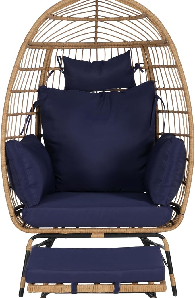 Oversized Wicker Egg Chair with Ottoman, Rattan Patio Egg Chair with Stand and Thick Cushions, Indoor Outdoor Lounge Chair for Backyard, Balcony, Living Room, Blue＋Ottoman