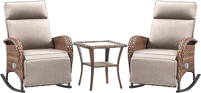 Belord 3 Piece Wicker Patio Furniture Set - Outdoor Swivel Rocker Recliner Chair with Adjustable Backrest & Footrest, All Weather Reclining Lounge Chair with Thick Cushion for Pool Deck Garden Beige