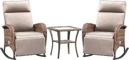 Belord 3 Piece Wicker Patio Furniture Set - Outdoor Swivel Rocker Recliner Chair with Adjustable Backrest & Footrest, All Weather Reclining Lounge Chair with Thick Cushion for Pool Deck Garden Beige