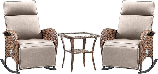 Belord 3 Piece Wicker Patio Furniture Set - Outdoor Swivel Rocker Recliner Chair with Adjustable Backrest & Footrest, All Weather Reclining Lounge Chair with Thick Cushion for Pool Deck Garden Beige