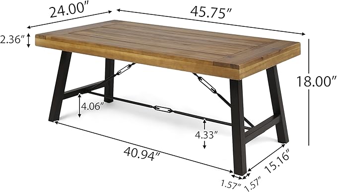 Harper & Bright Designs Outdoor Acacia Wood Coffee Table, Teak Finish/Rustic Metal Brown and Black, 27.25" D x 45.75" W x 18" H