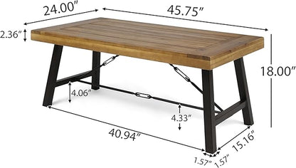 Harper & Bright Designs Outdoor Acacia Wood Coffee Table, Teak Finish/Rustic Metal Brown and Black, 27.25" D x 45.75" W x 18" H