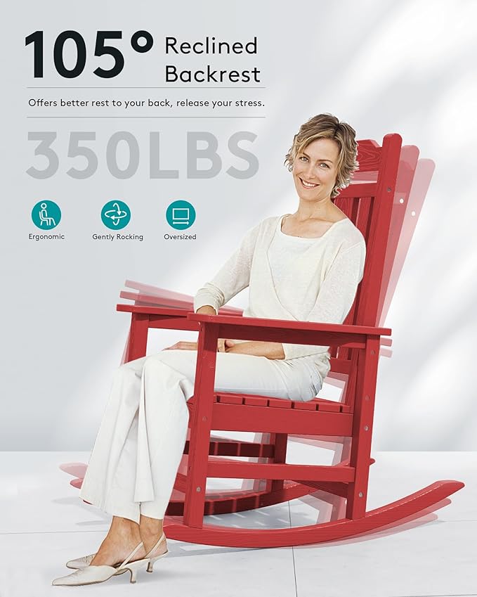 SERWALL HDPE Outdoor Rocking Chair for Adults, Outdoor Rocking Chairs Set of 6, Patio Rocking Chair Sets, Red