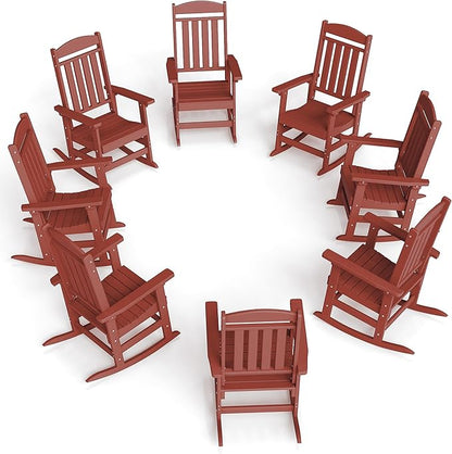 FOOWIN Outdoor Rocking Chair Set of 8, High Back Patio Rocking Chair, HDPE All Weather Resistant Porch Rocker for Adult, Oversized Rocking Chairs for Garden, Lawn, Indoor & Outdoor Use, Dark Red