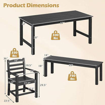 Tangkula 6 Pieces Patio Dining Bench Set, Outdoor HDPE Weather Resistant Table and Chairs Set with 1.77” Umbrella Hole and Wood-Like Surface, Outside Furniture Set for Garden, Backyard (Black, 6 Pcs)