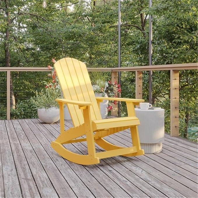 Pemberly Row Modern Plastic Adirondack Rocking Chair, Yellow Finish, Weather-Resistant Polystyrene with UV Treatment, Comfortable Wide Arms and Back, Indoor/Outdoor Use, 39.5" H x 29.5" W x 37.75" D