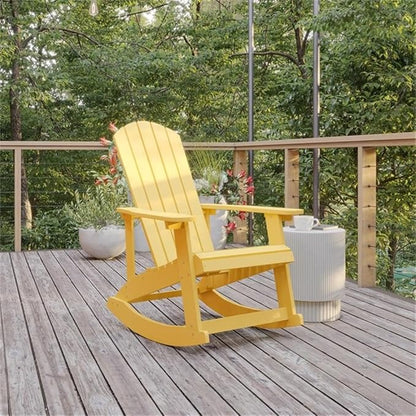 Pemberly Row Modern Plastic Adirondack Rocking Chair, Yellow Finish, Weather-Resistant Polystyrene with UV Treatment, Comfortable Wide Arms and Back, Indoor/Outdoor Use, 39.5" H x 29.5" W x 37.75" D