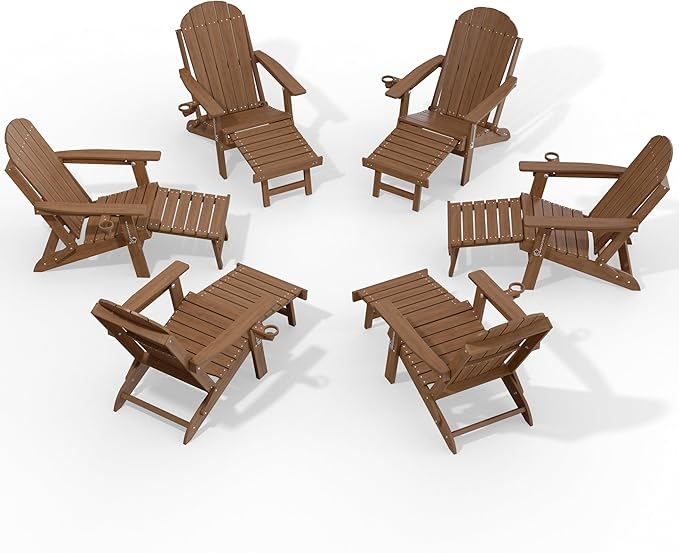 YEFU Adirondack Chair with Retractable Ottoman: Adjustable Folding Adirondack Chairs with Cup Holder - HDPE Plastic Fire Pit Chairs Set of 6 - All Weather for Outdoor/Patio/Pool/Lawn(Shallow Walnut)