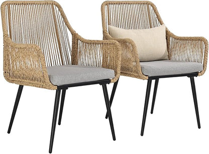 Patio Dining Chairs, Outdoor Dining Chairs with Armrest & Cushion Set of 2, All-Weather Woven Twisted Wicker Rattan Chair, Modern Indoor Outdoor Seating for Garden Lawn Backyard Natural
