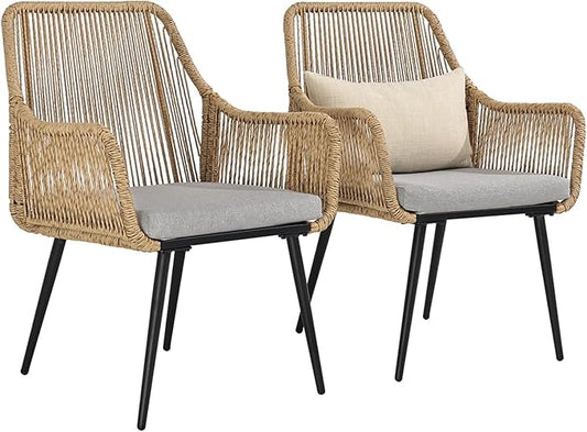 Patio Dining Chairs, Outdoor Dining Chairs with Armrest & Cushion Set of 2, All-Weather Woven Twisted Wicker Rattan Chair, Modern Indoor Outdoor Seating for Garden Lawn Backyard Natural