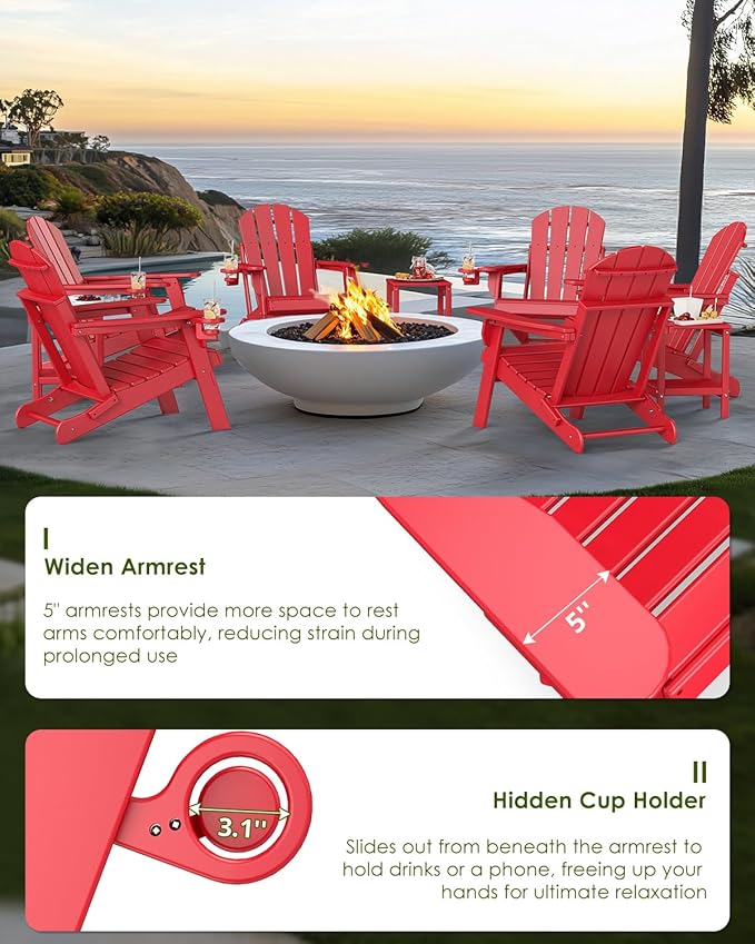 GREENVINES Folding-Adirondack-Chairs-Set-of-4 | HDPE Plastic | Fire Pit Chair | All Weather | Cup Holder | Red | for Deck Backyard Patio Outdoor Garden