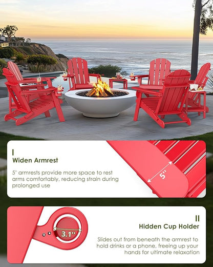 GREENVINES Folding-Adirondack-Chairs-Set-of-4 | HDPE Plastic | Fire Pit Chair | All Weather | Cup Holder | Red | for Deck Backyard Patio Outdoor Garden