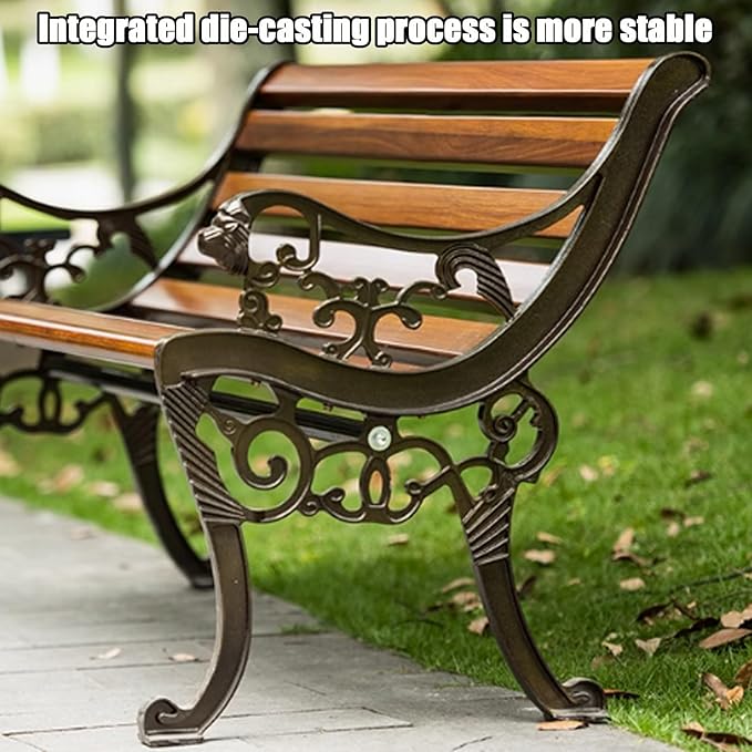 YVYKFZD Outdoor Garden Bench, Metal Bench with Backrest and Armrests, Park Benches Loveseat, Weatherproof Leisure Chair, for Lawn, Yard, Porch, Pool, Balcony, Easy Assembly(Walnut,150cm/59.0" Zinc All