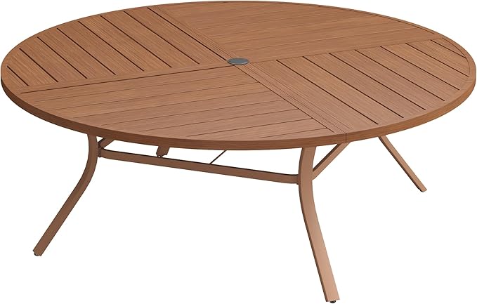 DIFY 63" Round Outdoor Patio Dining Table for 8-10, All-Weather Metal Steel Slatted Patio Table with 1.57" Adjustable Umbrella Hole for Garden, Backyard, Deck, Walnut