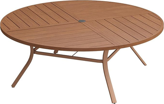 DIFY 63" Round Outdoor Patio Dining Table for 8-10, All-Weather Metal Steel Slatted Patio Table with 1.57" Adjustable Umbrella Hole for Garden, Backyard, Deck, Walnut