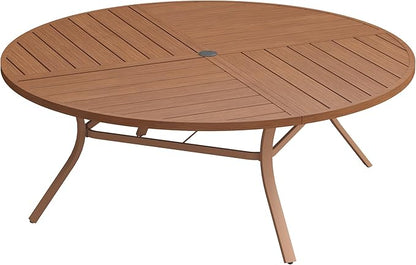 VICLLAX 63" Round Patio Dining Table for 8-10, All Weather Metal Outdoor Table with 1.57" Umbrella Hole and Surdy Frame for Garden Lawn Deck, Walnut