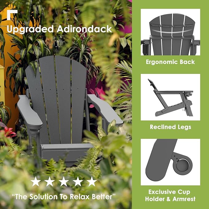 GREENVINES Adirondack-Chairs-with-Ottoman | Set of 4 | Folding | Retractable-Footrest | HDPE Plastic - Photo 3