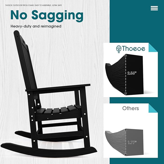 Oversized Rocking Chair, Outdoor Rocking Chair for Adults, All Weather Resistant Porch Rocker for Lawn Garden, Black