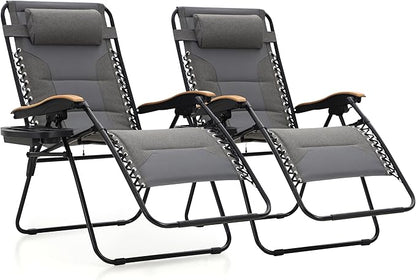 MAISON ARTS Oversized XXL Padded Zero Gravity Chair Set of 2, 30" Wide Seat Foldable Patio Recliner, Anti Gravity Outdoor Lawn Chair with Cup Holder & Pillow, Supports 400lbs, Grey