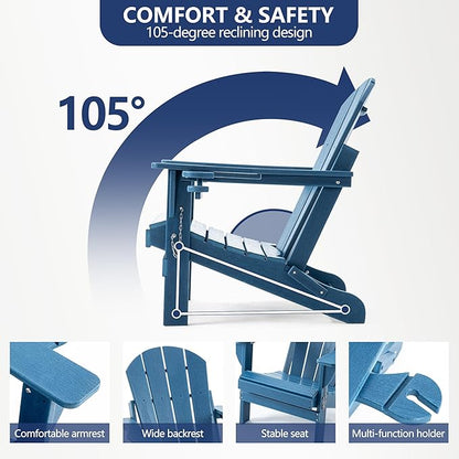 Folding Adirondack Chair Set with Side Table - HDPE Outdoor Patio Chairs, Weatherproof Chair with Reclining Back, Cup & Phone Holder, and 2-Tier Storage End Table for Firepit or Garden (Blue)