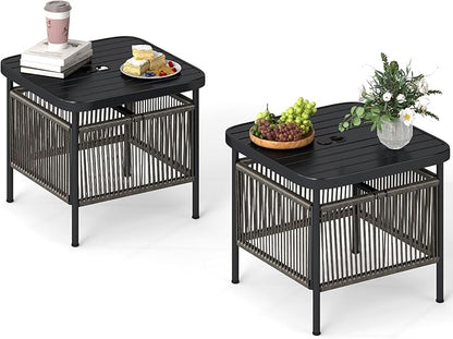 HAPPYGRILL Outdoor Side Table with Umbrella Hole 1.57”, Square Rattan Wicker Coffee Bistro End Table Umbrella Stand, for Backyard Poolside Garden (2)