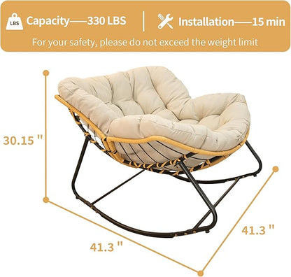 FLEXISPOT Papasan Rocking Chair with Thick Cushion, Indoor Outdoor Lounge Accent Chair with Sturdy Metal Frame Base, Cozy Reading Rocker for Living Room, Bedroom, Balcony-Beige