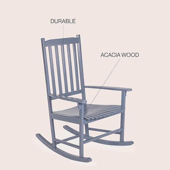 Eyely KCR300F Orvindar Farmhouse Classic Slat-Back 350-LBS Support Acacia Wood Outdoor Rocking Chair, Cashmere Blue