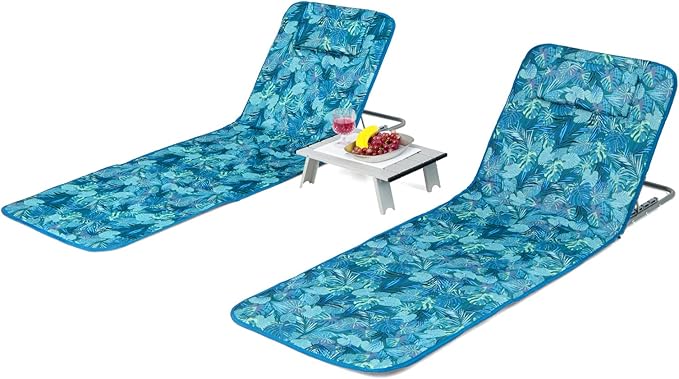Giantex Beach Chairs with Side Table - 2 Pack Folding Lounge Chairs for Adults, 5 Position Adjustable Lawn Chair for Outdoor Sunbathing, Patio Chaise Lounge Lightweight Backpack Camping Chairs (Teal)
