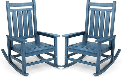 SERWALL Oversized Outdoor Rocking Chair Set of 2, HDPE Rocker for Adults, Patio Rocking Chairs for Porch, Blue