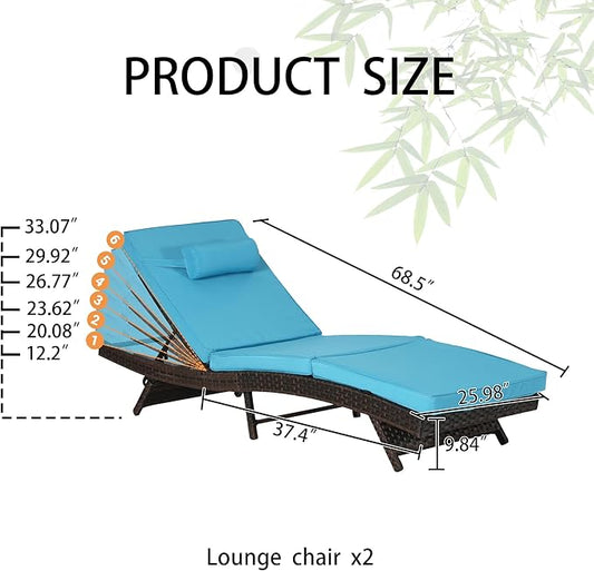 Outdoor Lounge Chairs Set of 2,Wicker Chaise Lounge Chair Pool Chaise Lounge,Patio Lounge Chair with Adjustable Backrest Arm Cushion for Poolside