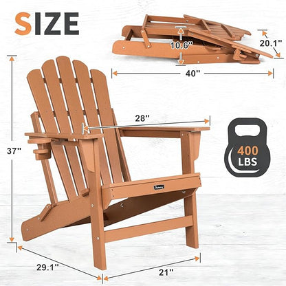FUNBERRY Folding Adirondack Chairs Set of 4, All Weather HDPE Wood Texture Fire Pit Chairs with Cup Holder for Outdoor