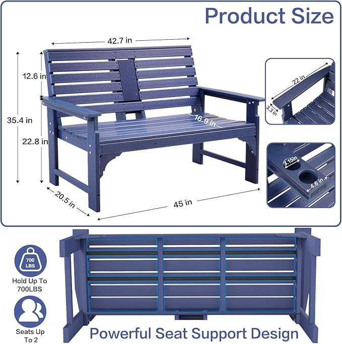 Outdoor Bench Weatherproof - HDPE 2-Person Garden Bench with Cup Holders, Bench Furniture with Backrest and Armrests - Photo 2