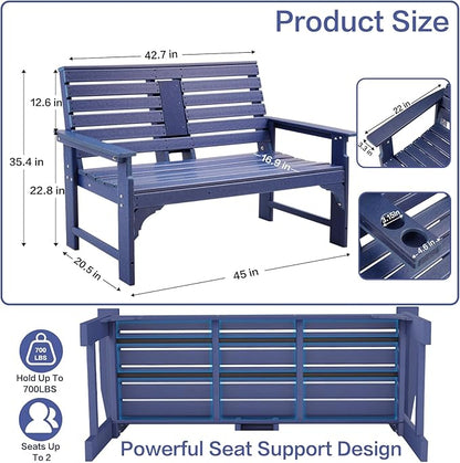 Outdoor Bench Weatherproof - HDPE 2-Person Garden Bench with Cup Holders, Bench Furniture with Backrest and Armrests, 700 lbs Capacity, Patio Park Bench for Front Porch Backyard Park (Blue)