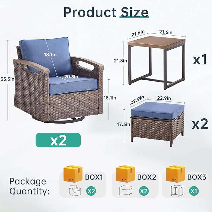Luxury Outdoor Swivel Rocker Patio Chairs with Metal Side Table - 5 Piece Heavy Duty Furniture Set All Weather Wicker Conversation Set with 2 Ottomans for Porch Poolside and Deck - Blue