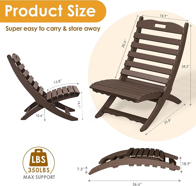 IVY&LANE Portable Xavier-Chairs Set of 2 | Folding-Adirondack-Chair | Wave | HDPE Plastic | Wood Grain | Dark Brown | All-Weather Resistant | for Outdoor Fire-Pit Patio Lawn Beach Poolside