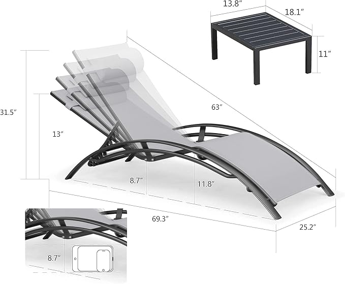 PURPLE LEAF Patio Chaise Lounge with 10' x 6.5' Tilt Umbrella Outdoor Lounge Chair Beach Pool Sunbathing Lawn Lounger, Base and Side Table Included, Light Grey