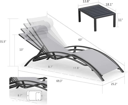 PURPLE LEAF Patio Chaise Lounge with 10' x 6.5' Tilt Umbrella Outdoor Lounge Chair Beach Pool Sunbathing Lawn Lounger, Base and Side Table Included, Light Grey