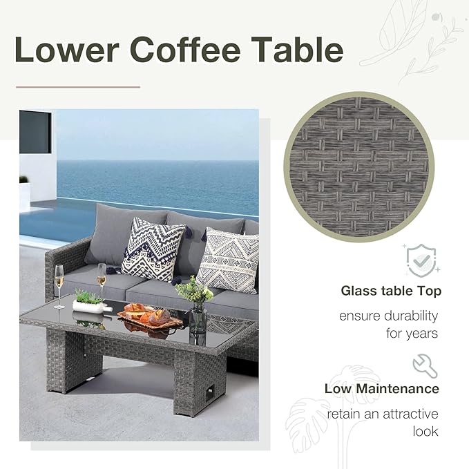 SUNSITT Outdoor Patio Lift Dining Table, Rectangle Patio Coffee Table with Glass Tabletop, Wicker Furniture Multi-Function Dining Table for Backyard, Deck, Garden, Grey