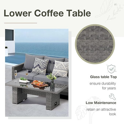 SUNSITT Outdoor Patio Lift Dining Table, Rectangle Patio Coffee Table with Glass Tabletop, Wicker Furniture Multi-Function Dining Table for Backyard, Deck, Garden, Grey