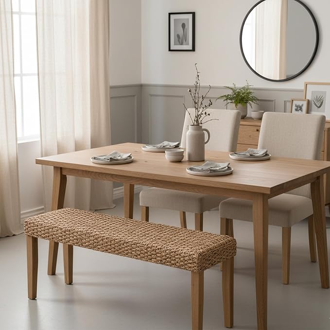Indoor Bench Wicker for Entryway Bench, Wood Bench for Living Room Dining Bench or End of Bed Bench - Photo 3