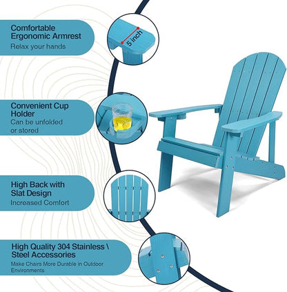 Adirondack Chairs Set of 4, All Weather Resistant Plastic Chairs with Cup Holder, 5 Easy Steps to Install, Outdoor Chairs for Patio, Garden, Backyard Deck, Lawn, Fire Pit - Lake Blue