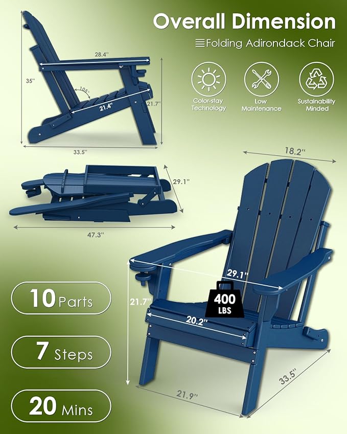 GREENVINES Folding-Adirondack-Chairs-Set-of-6 | HDPE Plastic | Fire Pit Chair | All Weather | Cup Holder | Blue - Photo 3