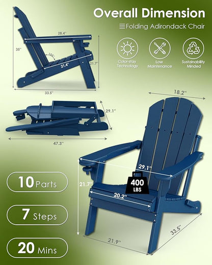 GREENVINES Folding-Adirondack-Chairs-Set-of-6 | HDPE Plastic | Fire Pit Chair | All Weather | Cup Holder | Blue | for Deck Backyard Patio Outdoor Garden