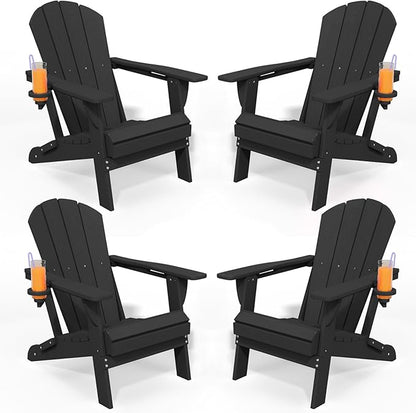Foldable Adirondack Chair with Cup Holder-Heavy Duty Recycled HDPE Outdoor Patio Furniture, Weather Resistant Deck Lawn Fire Pit Chair (Black, 4 Chair)