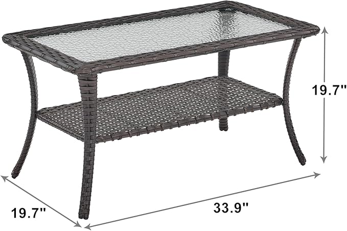 Rilyson Patio Tables Outdoor Coffee Table - Wicker Rattan Coffee Tables with 2-Tier Storage Shelf Glass Top for Outside - Photo 3