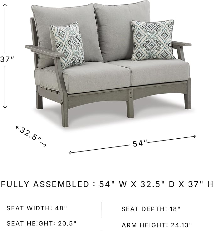 Signature Design by Ashley Outdoor Visola Patio HDPE Loveseat with Nuvella Throw Pillows, Gray