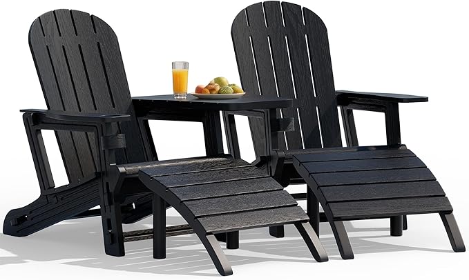 Vongrasig Adirondack Chairs Set of 2 with Removable Tabletop and Footrest, All-Weather HDPE Outdoor Chair Set with Wooden Textured, Cup Holder for Patio, Poolside, Deck, Garden, Black