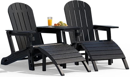 Vongrasig Adirondack Chairs Set of 2 with Removable Tabletop and Footrest, All-Weather HDPE Outdoor Chair Set with Wooden Textured, Cup Holder for Patio, Poolside, Deck, Garden, Black
