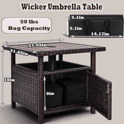 Umbrella Table with 2 Weight Bags Outdoor Patio Umbrella Side Table with Umbrella Hole Small Brown Wicker End Table for Outside Storage Coffee Table with Poly Lumber Top for Pool Garden Balcony Deck